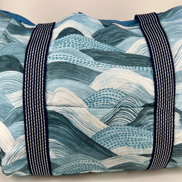 Handmade blue wave cotton fully lined tote bag with hand stitching