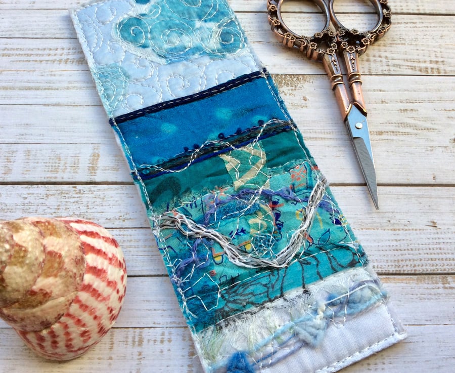 Embroidered up-cycled seascape bookmark.  