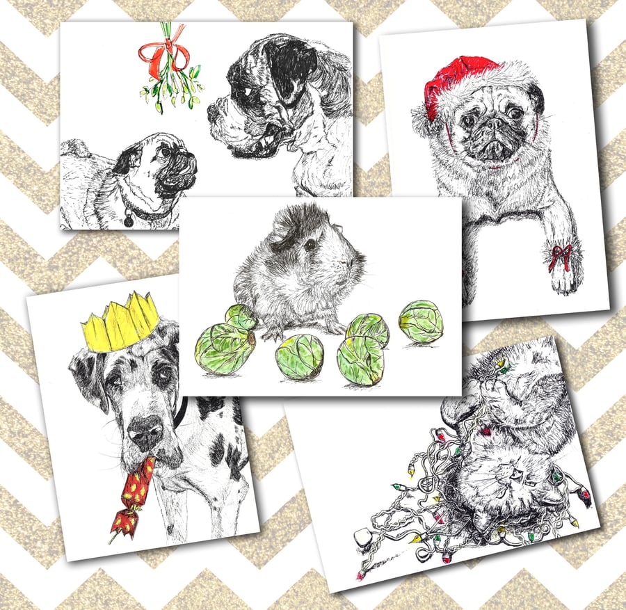 Pack of 15 Illustrated Animal Christmas Cards A6 Dogs Cats Funny Cute