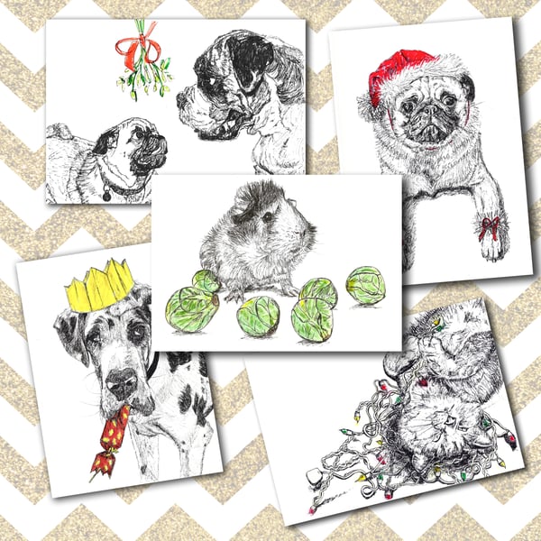 Pack of 15 Illustrated Animal Christmas Cards A6 Dogs Cats Funny Cute