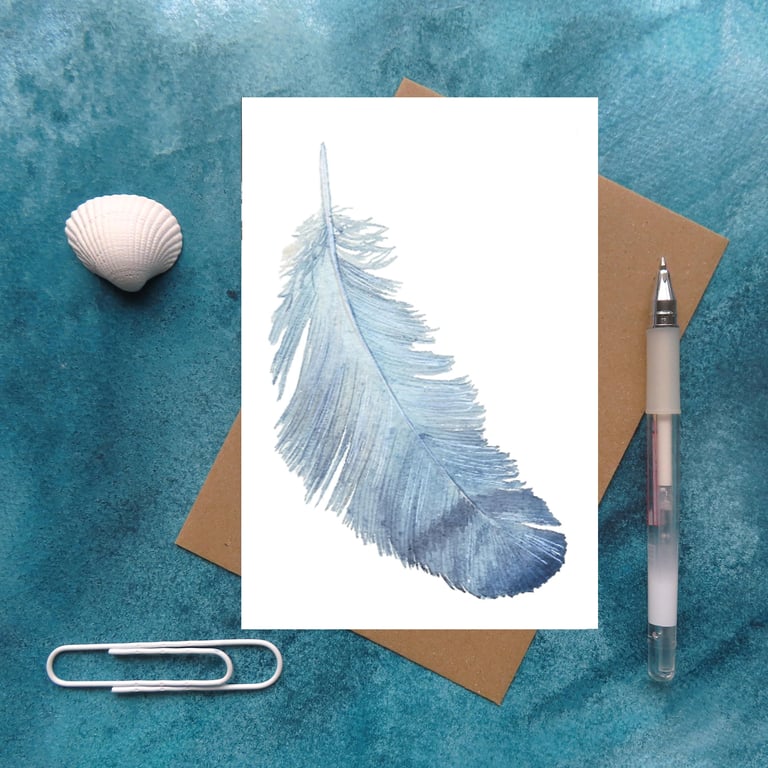 Blue feather watercolour study artist card notelet