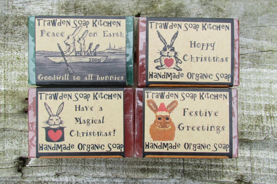 Set of 4 Bunny Soaps with Christmas themes, Vegan, 80% Organic, Aromatherapy