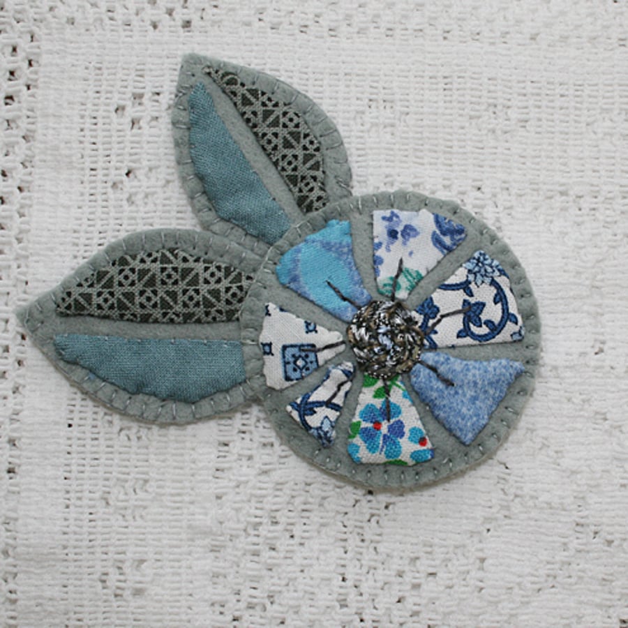 Blue Flower and Leaves Brooch
