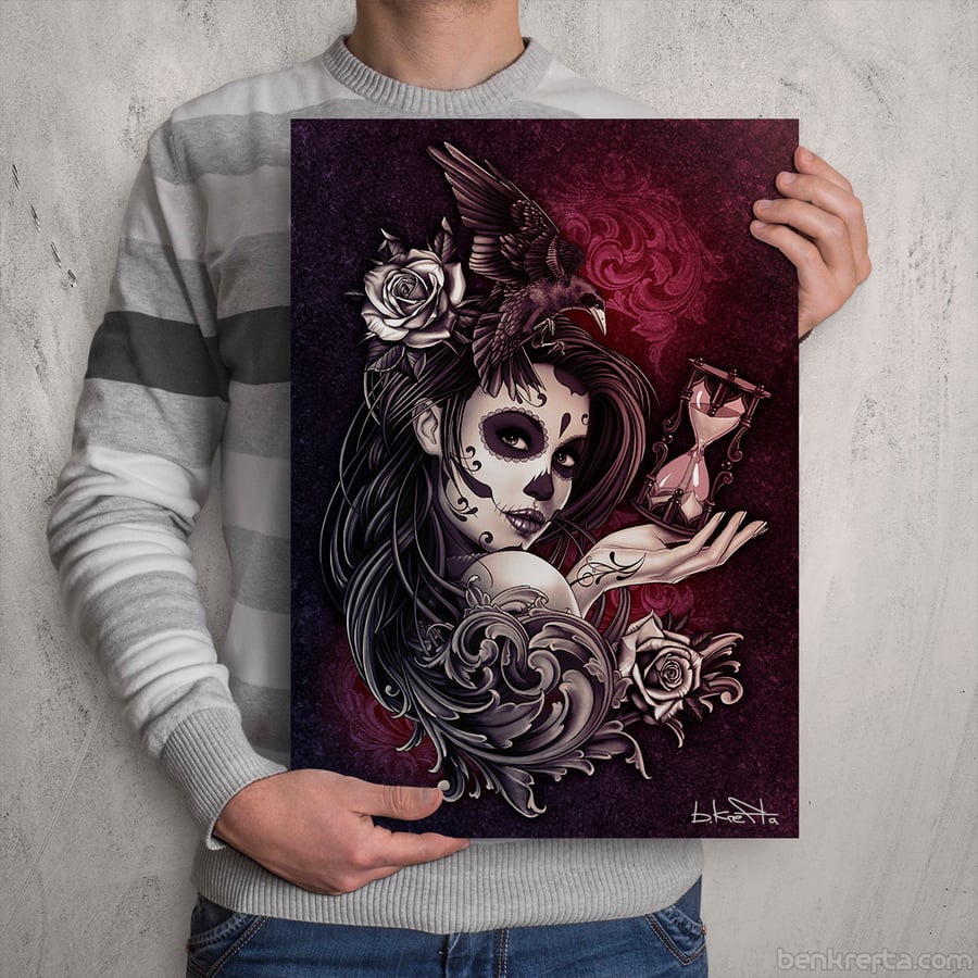 DAY Of The DEAD GIRL - Crow, Roses, Time - Signed Print - Sugar Skull Girl Art  