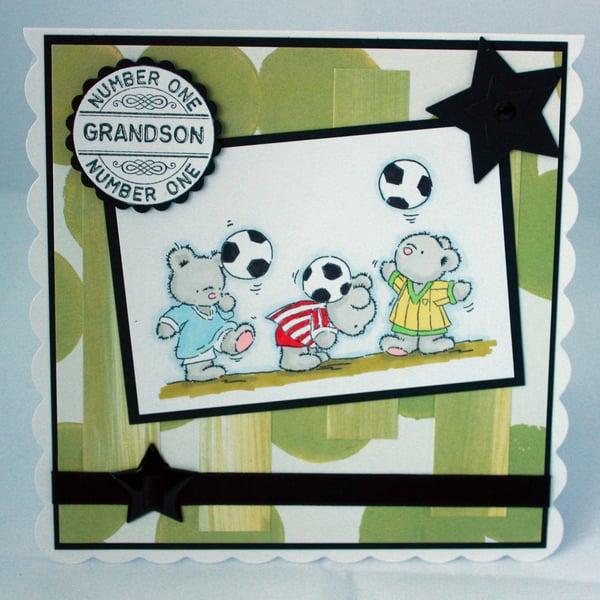 Grandson card - footballing bears - birthday or congratulations 