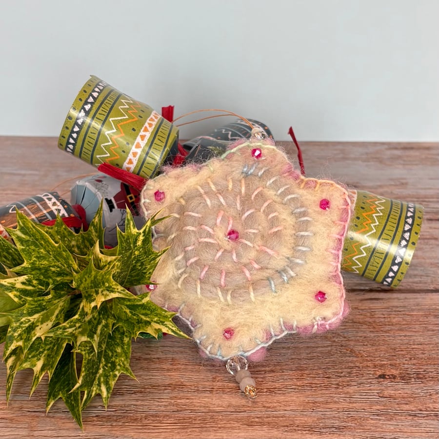 Felted Snowflake - Pink  and White Crystals
