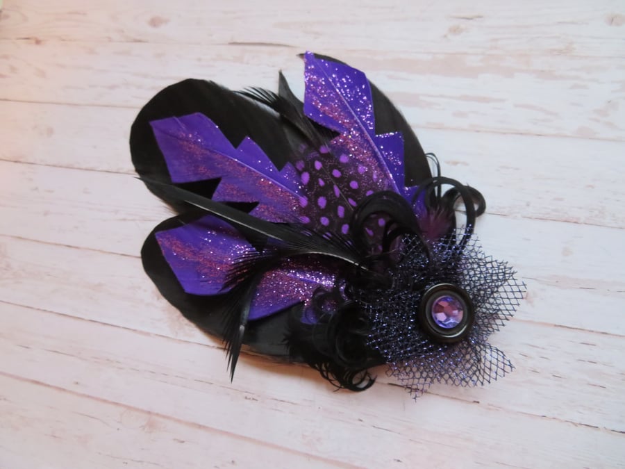 Purple and Black Glitter Feather Vintage Style Hair or Hat Clip 