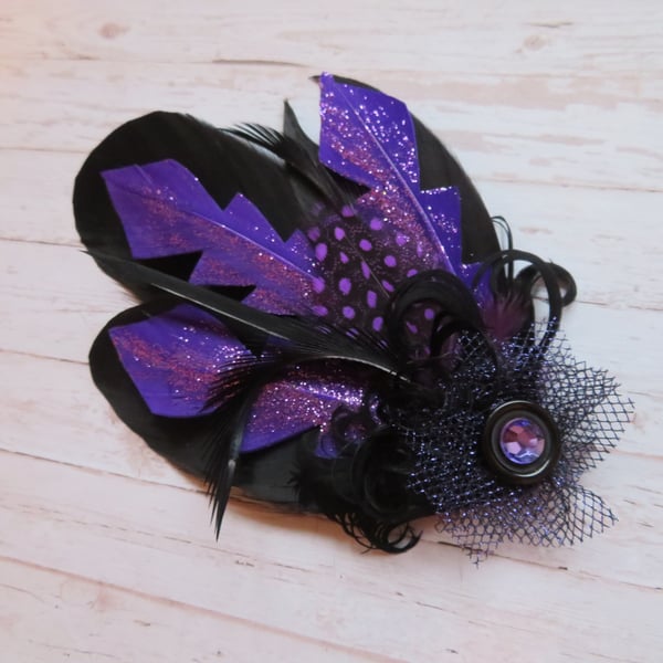 Purple and Black Glitter Feather Vintage Style Hair or Hat Clip 