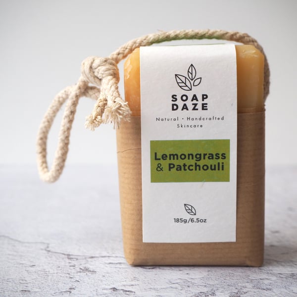 Lemongrass and Patchouli soap on rope -  vegan, handmade, essential oils