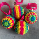Handmade crochet Christmas tree decorations with ribbon & bells. Set of 4