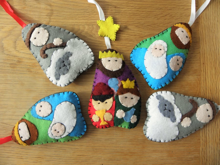 Set of 3 handmade felt Nativity Decorations kings shepherds Jesus Mary Joseph