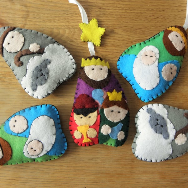 Set of 3 handmade felt Nativity Decorations kings shepherds Jesus Mary Joseph
