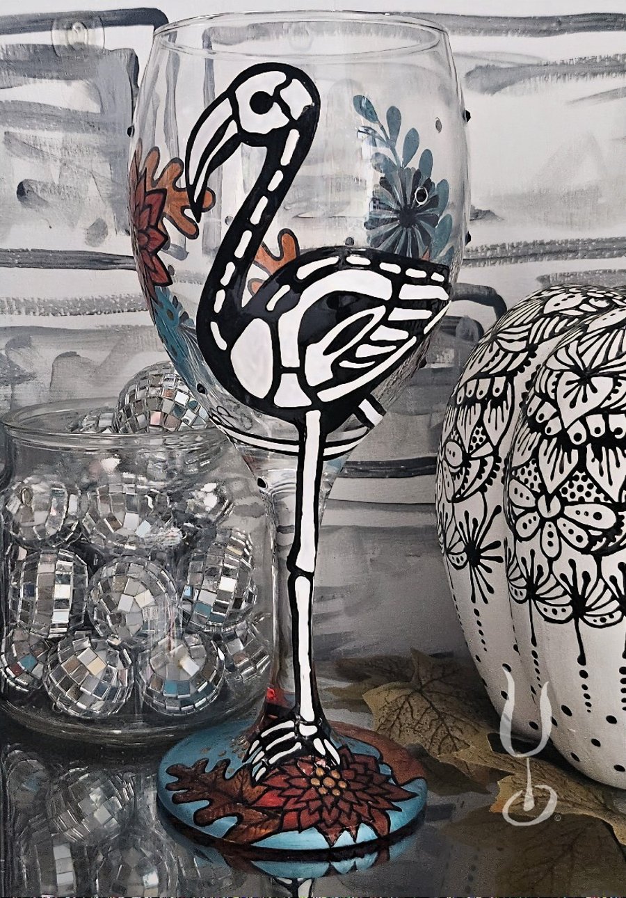 Skellymingo wine glass- hand-painted skeleton flamingo with Autumn floral design