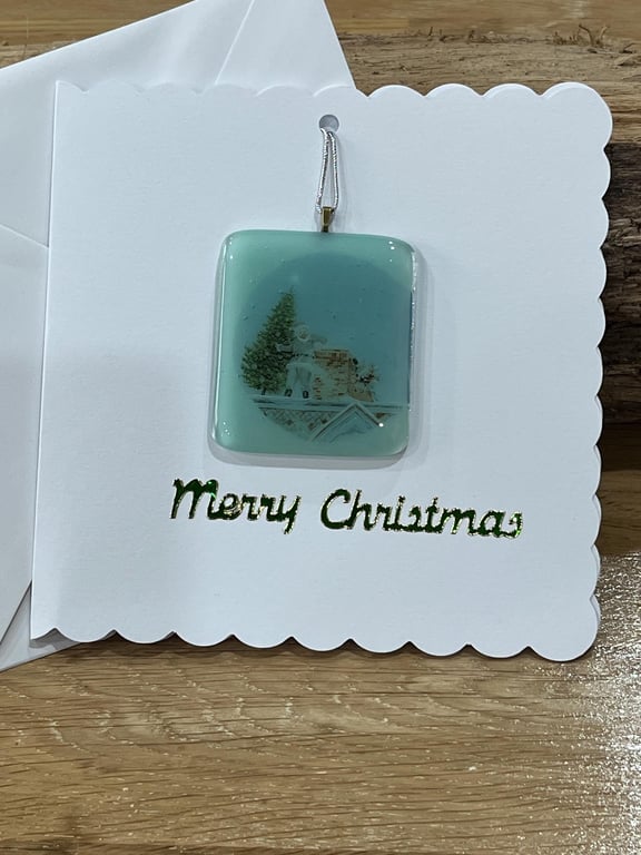 Unique Handcrafted Christmas Card with Artisan Fused Glass Santa on Rooftop 