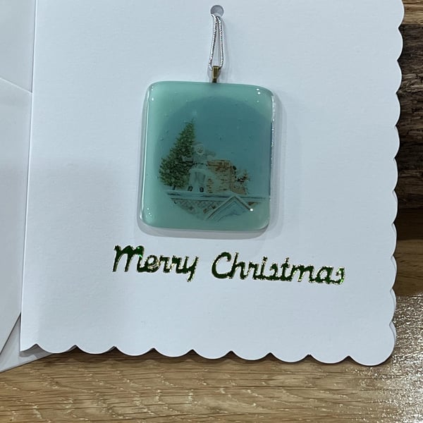 Unique Handcrafted Christmas Card with Artisan Fused Glass Santa on Rooftop 