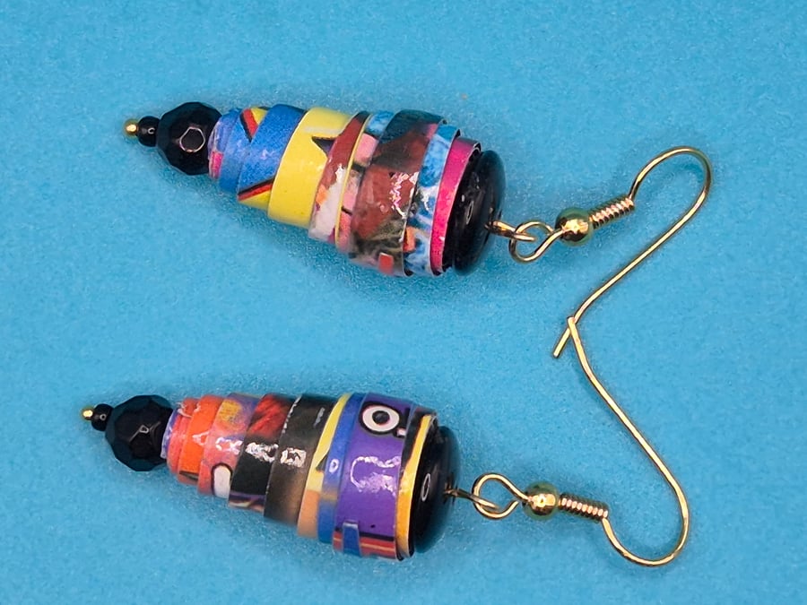 Multicoloured vibrant paper beaded earrings made from circus flyers