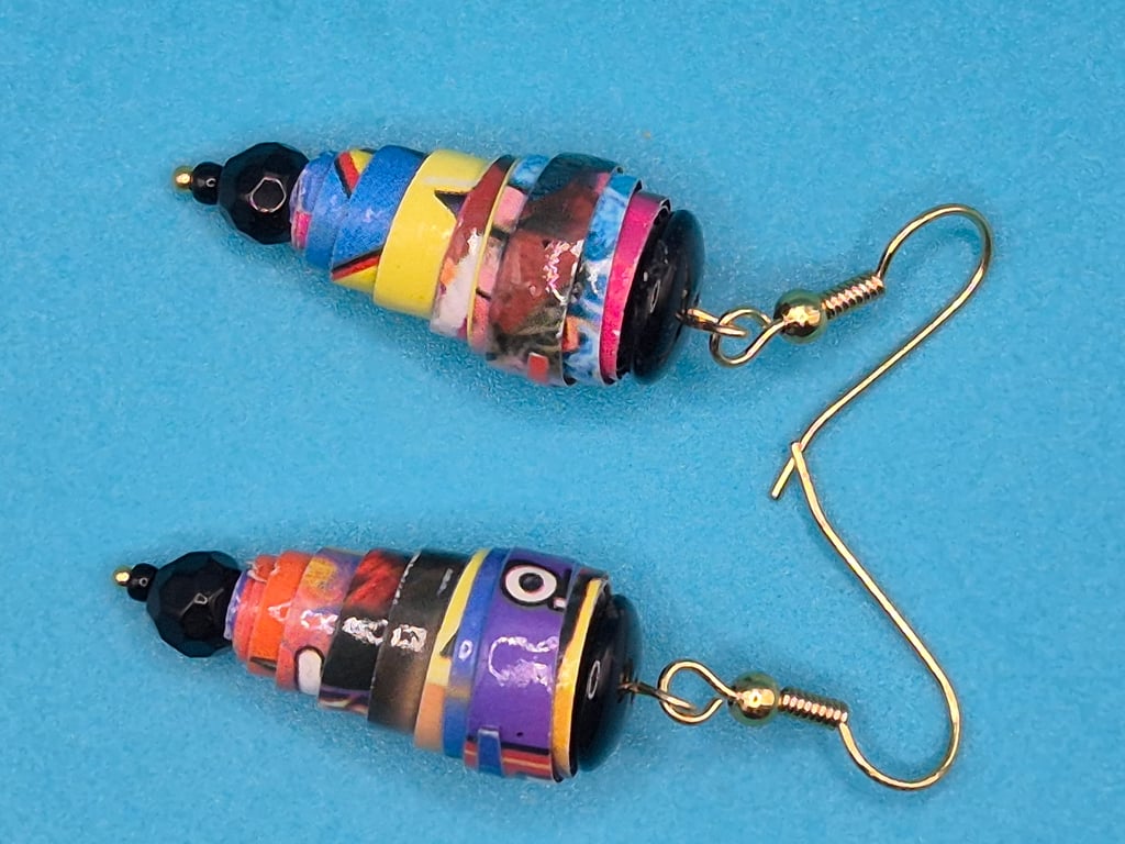 Multicoloured vibrant paper beaded earrings made from circus flyers