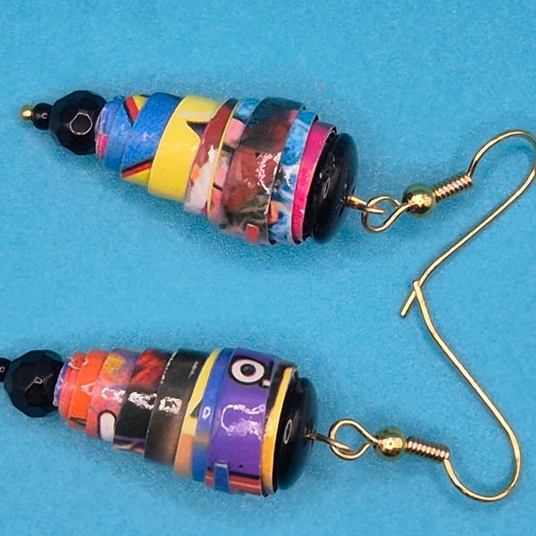Multicoloured vibrant paper beaded earrings made from circus flyers
