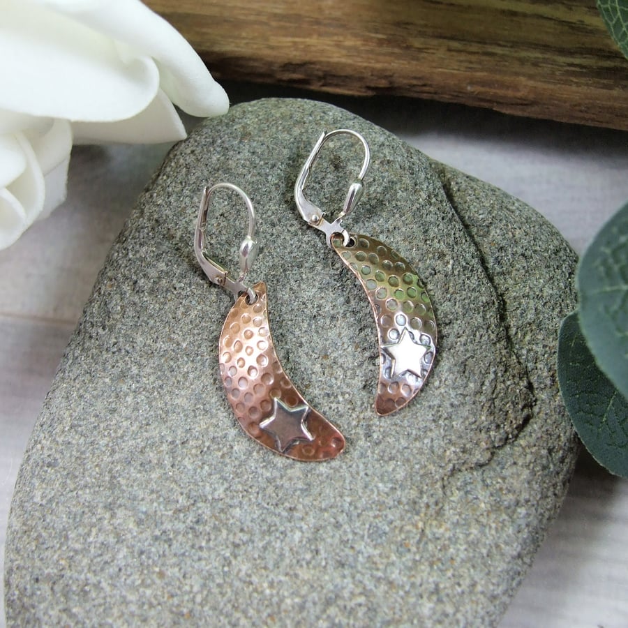 Earrings, Sterling Silver and Copper Moon & Star Dropper Earrings