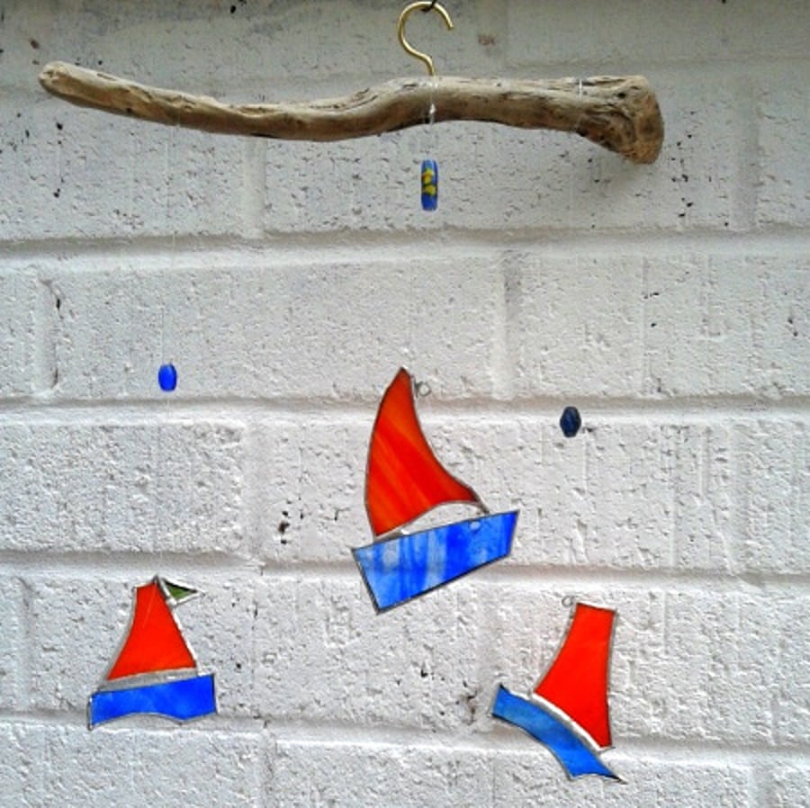 Stained Glass Boat Mobile, Orange and Blue Bobbing Boats 