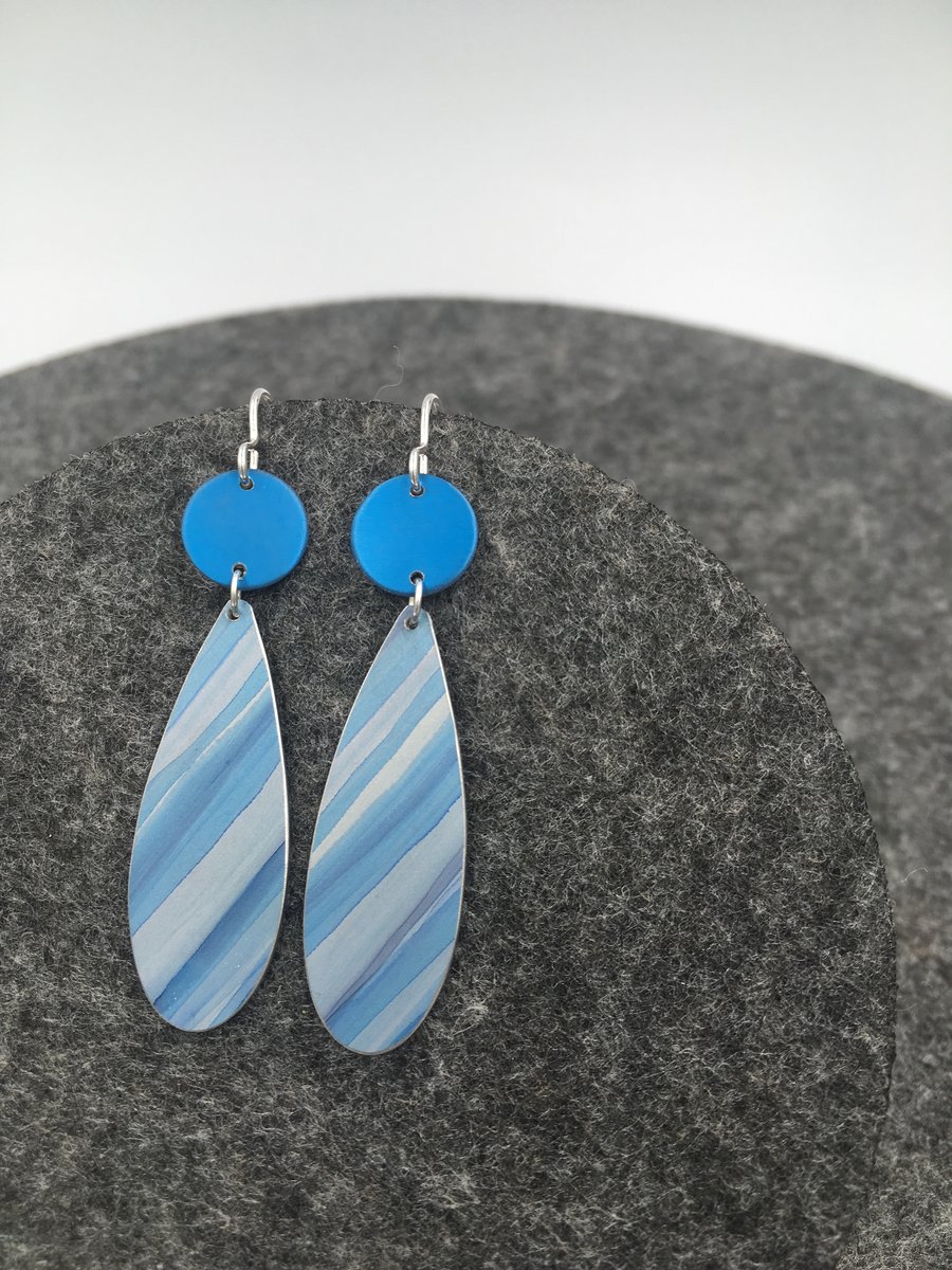 Blue striped anodised aluminium drop earrings 