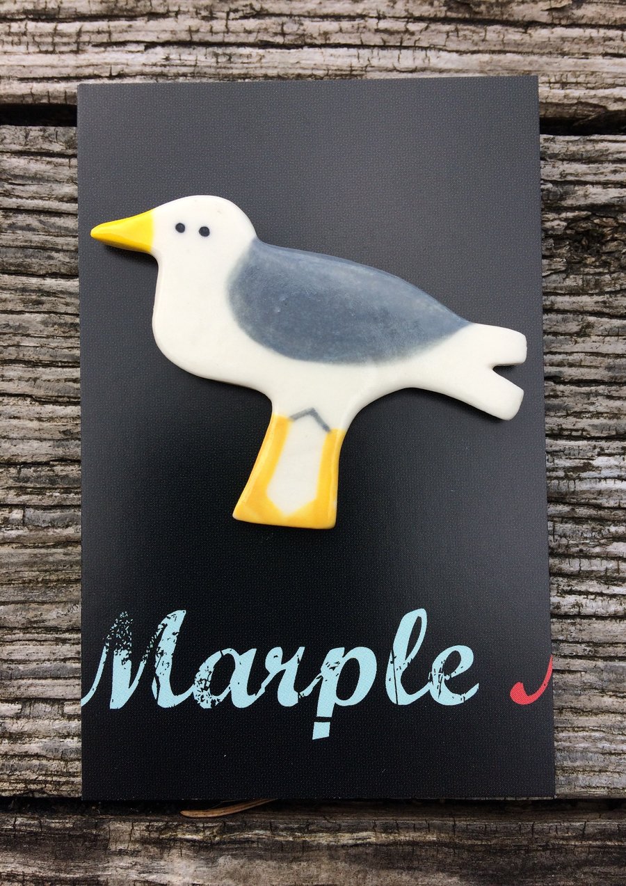 Seagull Porcelain Badge.Seaside Ceramic Badge.Bird Brooch.Handmade In Wales .