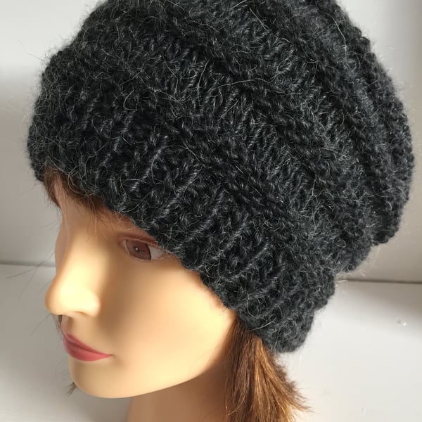 Unisex Dark Charcoal Slouchy Beanie Hats Chunky Hand Knit Hats For Men and Women