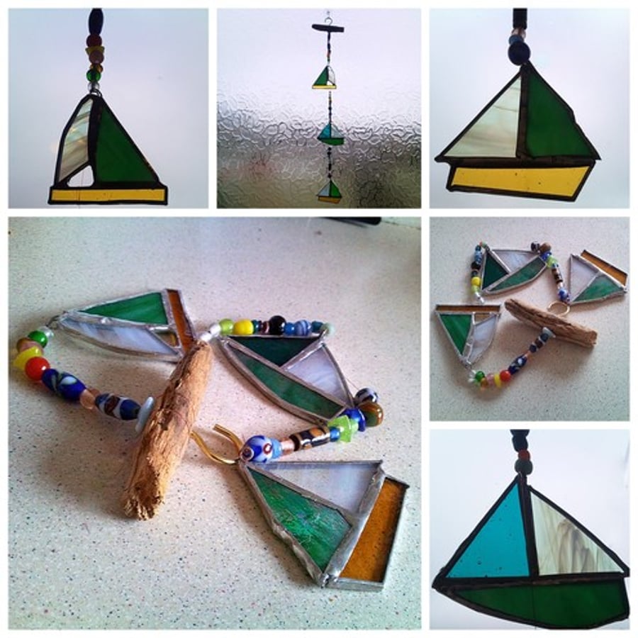 Boats, beads and driftwood, stained glass mobile