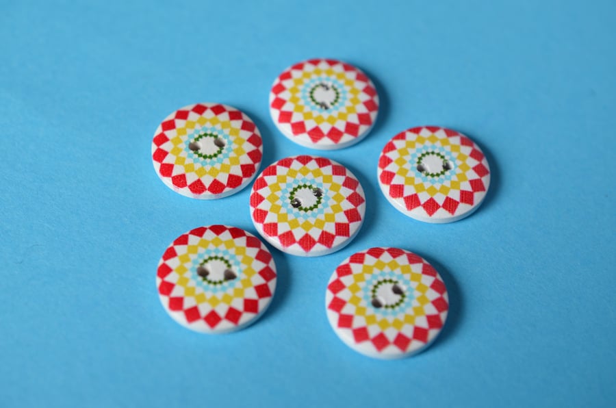 Wooden Red, Yellow, Blue & White Geometric Buttons 6pk 20mm (MZ12)