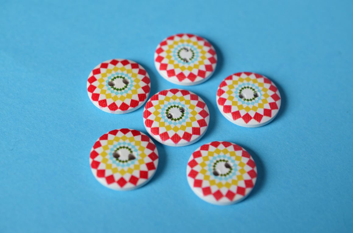 Wooden Red, Yellow, Blue & White Geometric Buttons 6pk 20mm (MZ12)