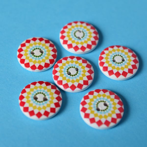 Wooden Red, Yellow, Blue & White Geometric Buttons 6pk 20mm (MZ12)