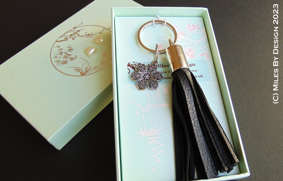 Faux Black Leather Key Ring or Bag Charm with Metal Flower Detail
