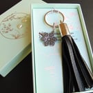 Faux Black Leather Key Ring or Bag Charm with Metal Flower Detail