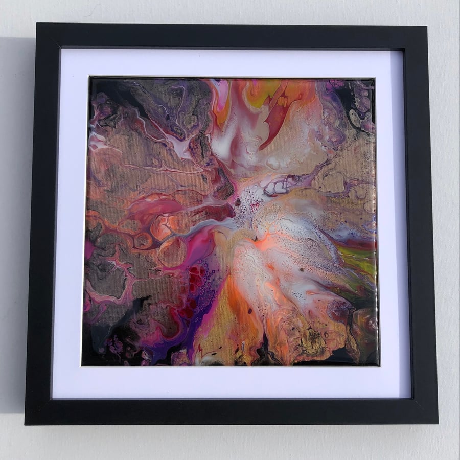 Original fluid art dutch pour painting, multicoloured, framed 