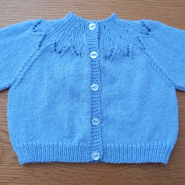 Handknitted blue baby cardigan, approx 0-3 months, to fit a 16" chest