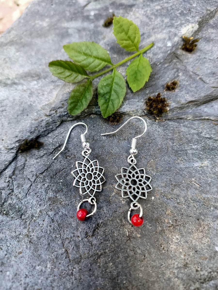 Red mandala style drop dangle silver earrings