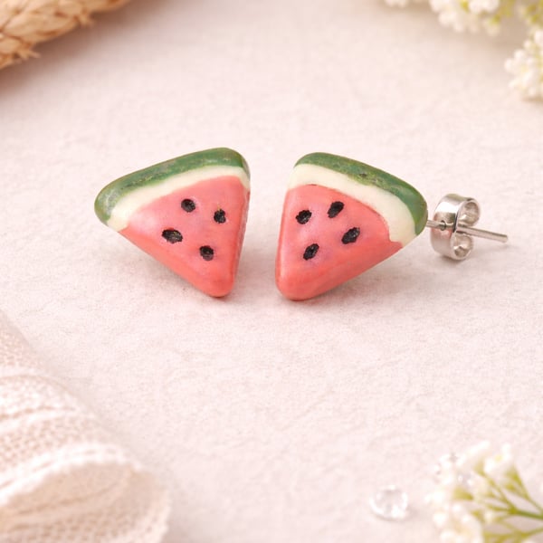 Watermelon Polymer Clay Stud Earrings Sterling Silver Posts