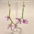 Modern Miss match crystal and glass bead purple flower dangly hook earrings