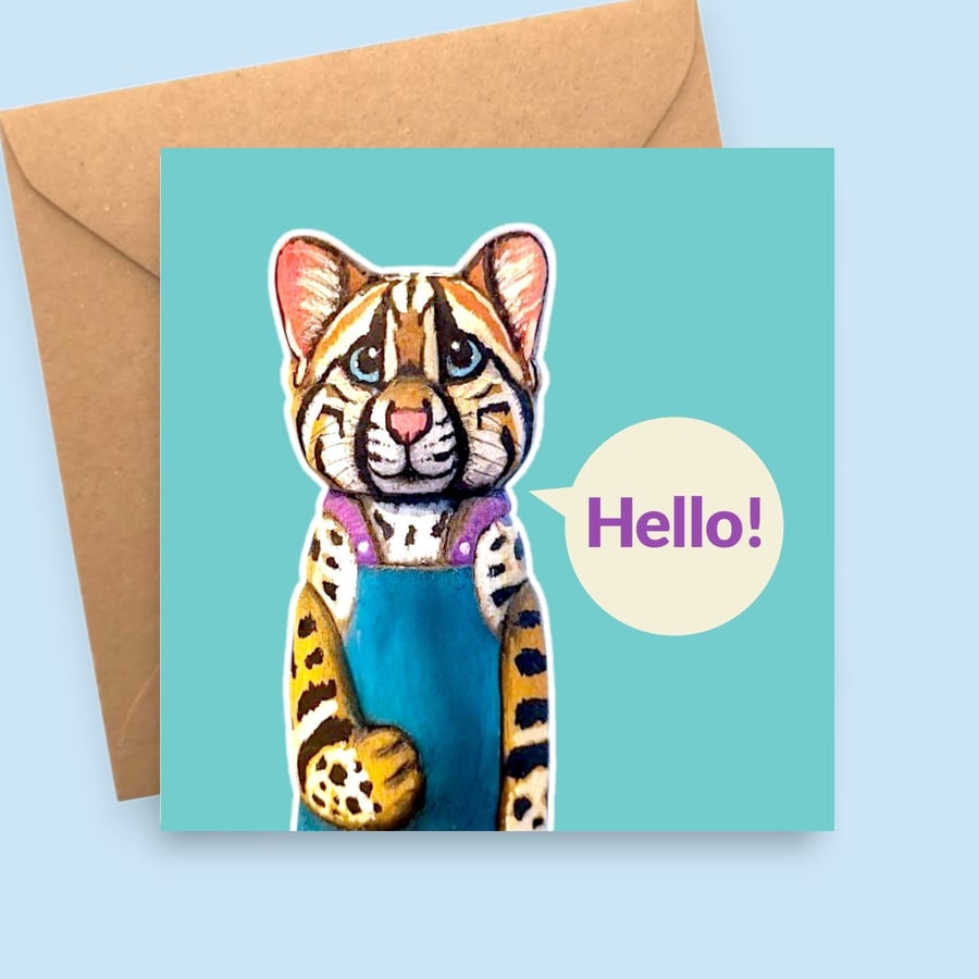 Hello Margay Card - Hand-Carved Wooden Character - Animal Art - Thinking of You
