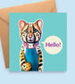 Hello Margay Card - Hand-Carved Wooden Character - Animal Art - Thinking of You