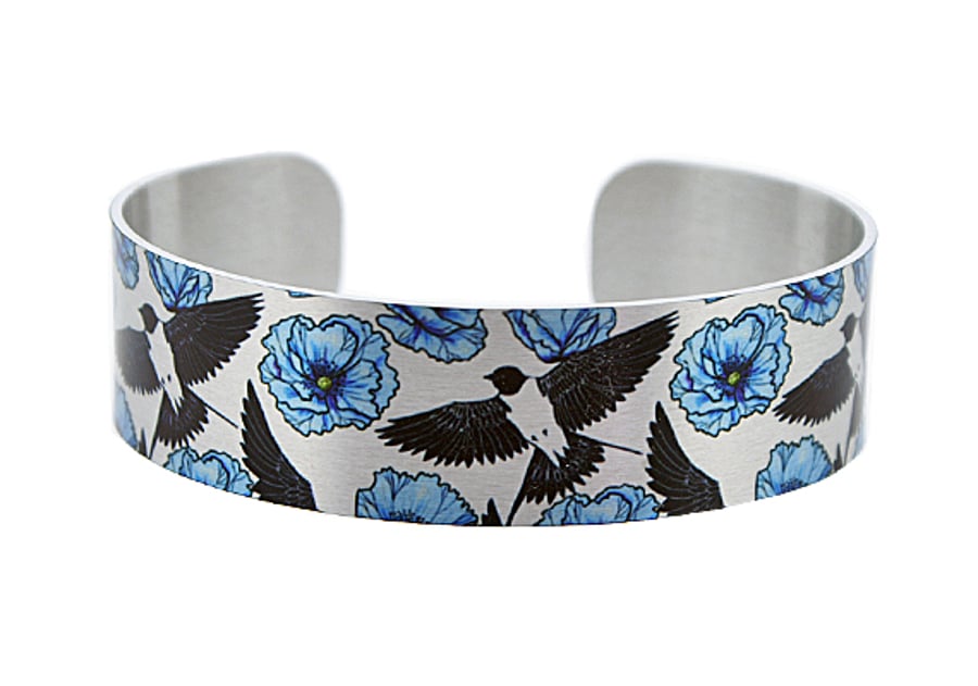 Swallow jewellery, narrow cuff bracelet, brushed silver with birds. B327