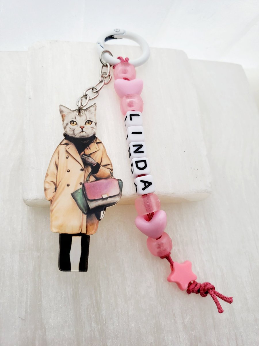 Personalised name cat kitten clip on ring 