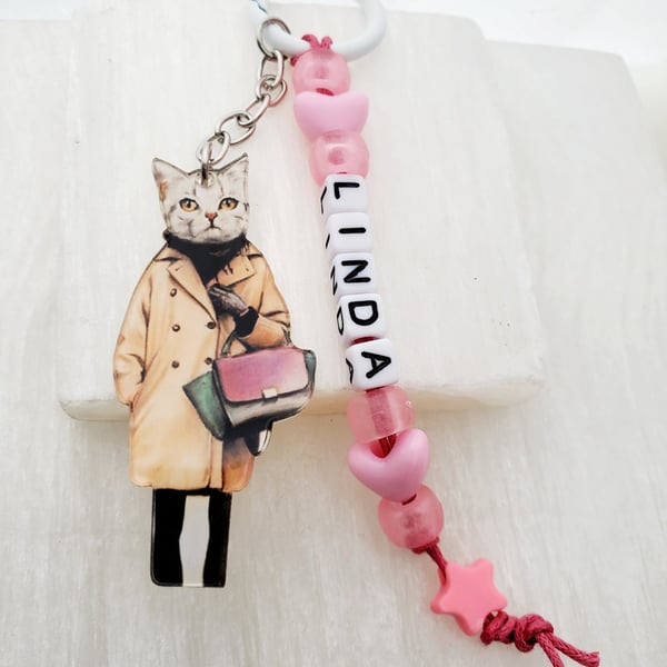 Personalised name cat kitten clip on ring 