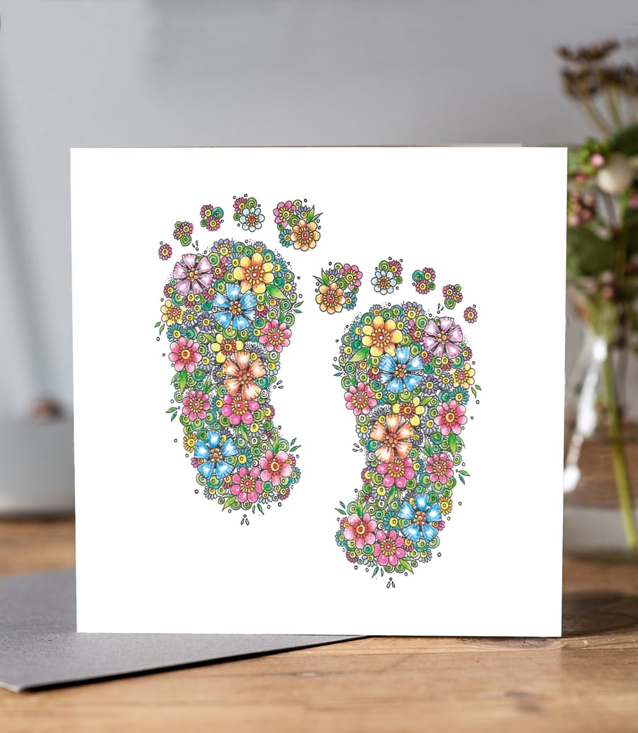 Floral baby feet card 
