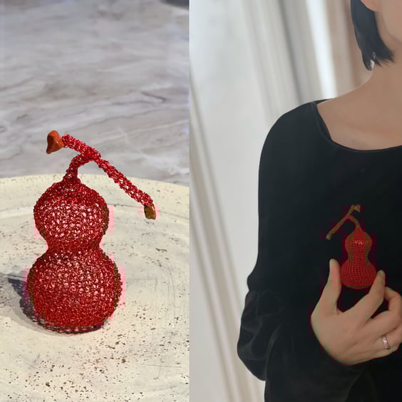 hand crochet copper wire unique calabash bottle gourd with gemstone chips brooch