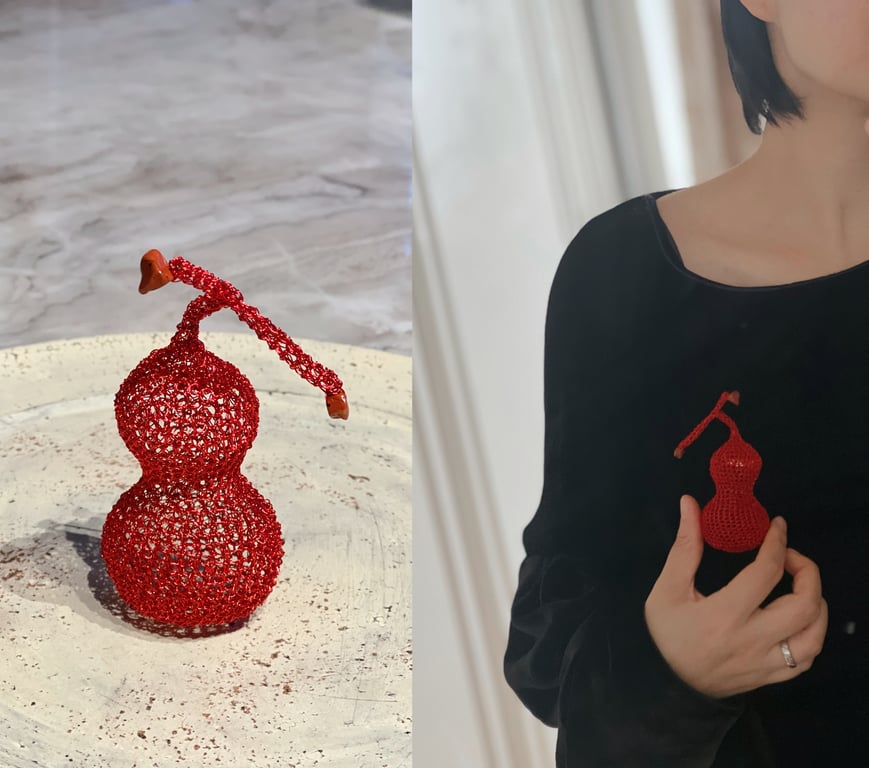 hand crochet copper wire unique calabash bottle gourd with gemstone chips brooch