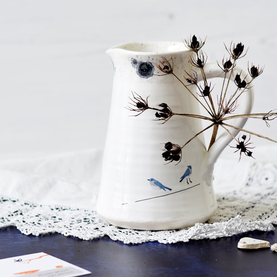 Blue and white ceramic jug with birds - handmade pottery