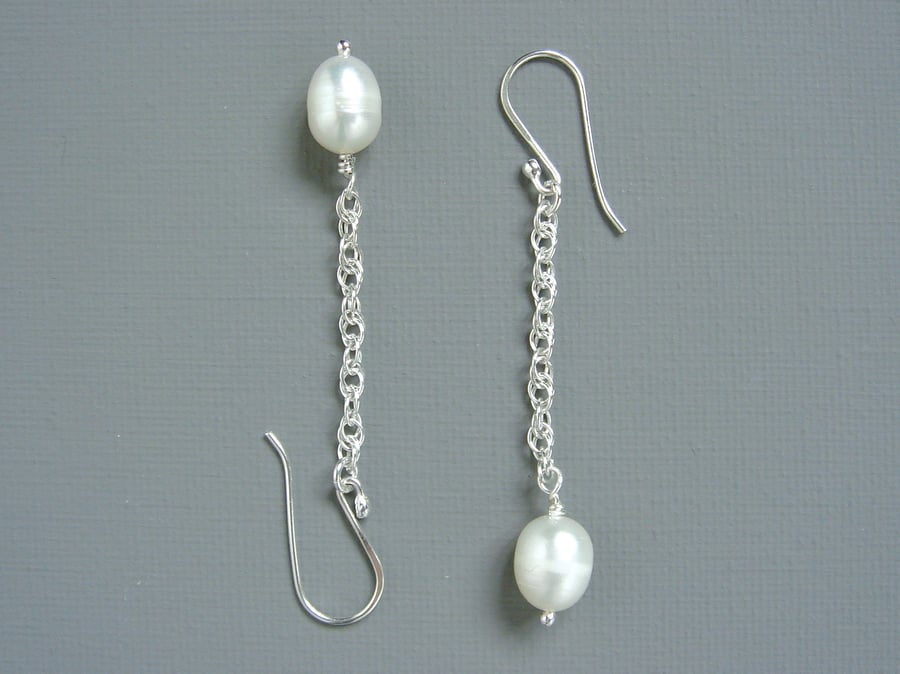 Bridal Long White Freshwater Pearl and Hallmarked Sterling Silver Drop Earrings 