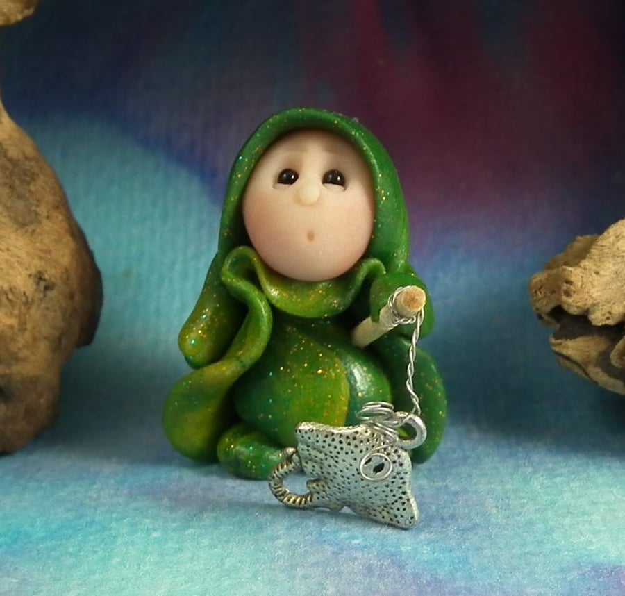 Tiny Fisher Gnome 'Joel' with silver fish OOAK  - Folksy