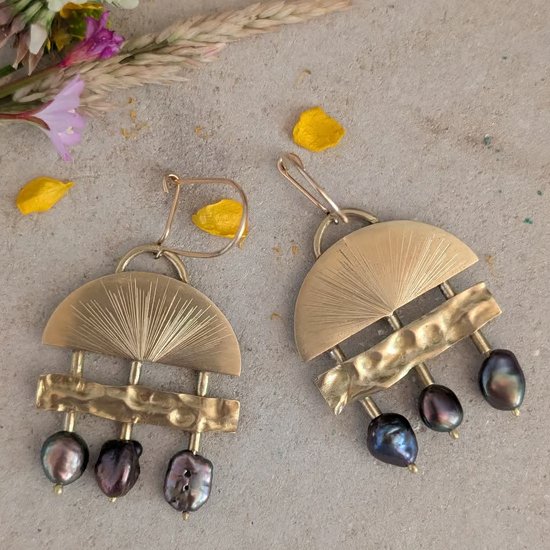 Hand-Engraved Brass Earrings with Freshwater Pearls ; Contemporary Earrings